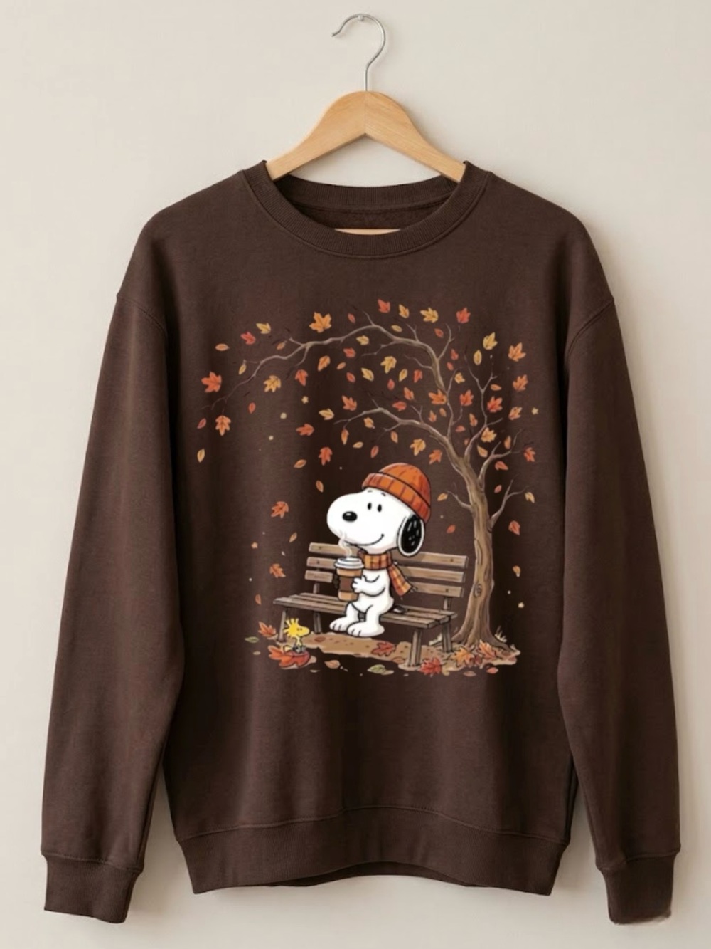 Snoopy Coffee Bench Fall Park Brown Spooky Fall Aesthetic Gildan Sweatshirt